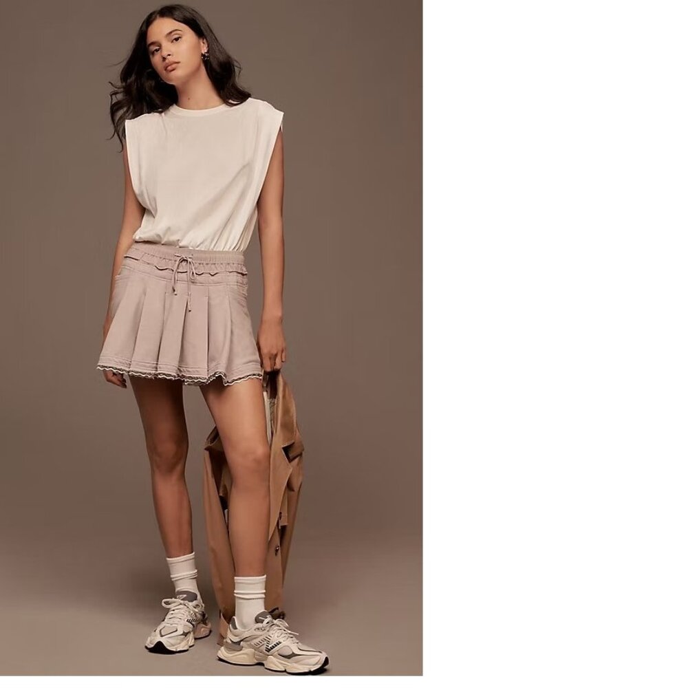 Anthropologie Cream Muscle Tee with Dusty Pink Mini Skirt
